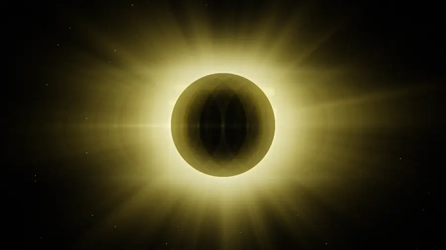 A dark disc surrounded by a wide gold corona