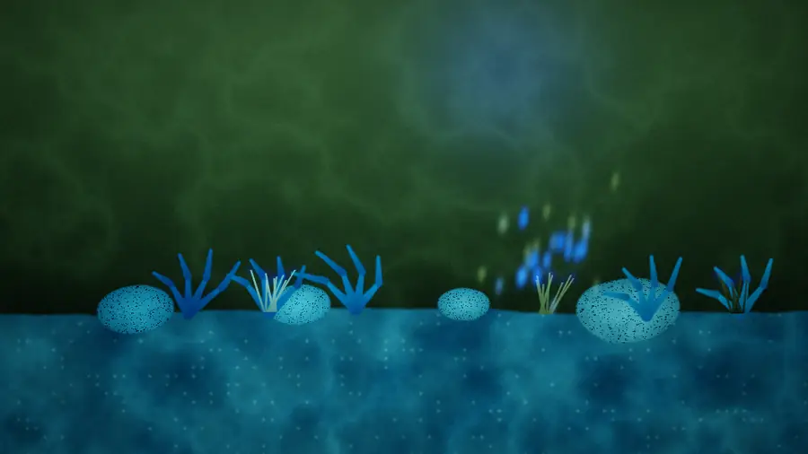 Blue corals and rounded stones on a seabed under green water