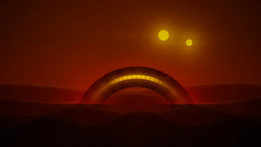 A glowing arch breaking out of red dunes under two suns